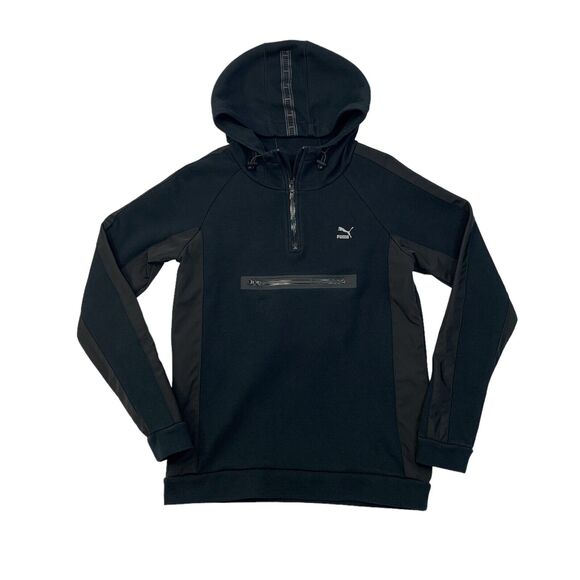 Puma Hoodie Womens S Small Black Cotton Blend 1/2 Zip Drawstring Sweatshirt - Picture 1 of 14